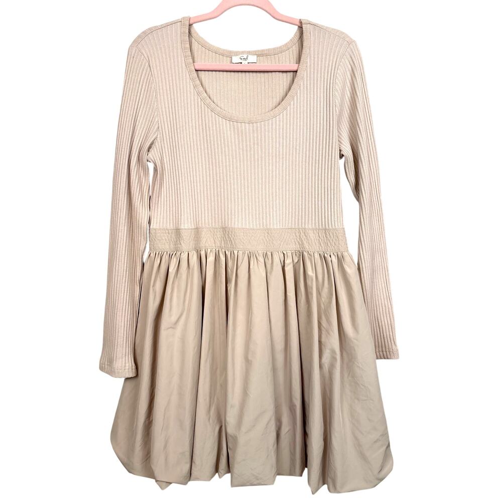 Easel Womens L Beighe Bubble Hem Mini Dress Boho Mixed Media Ribbed Knit NEW